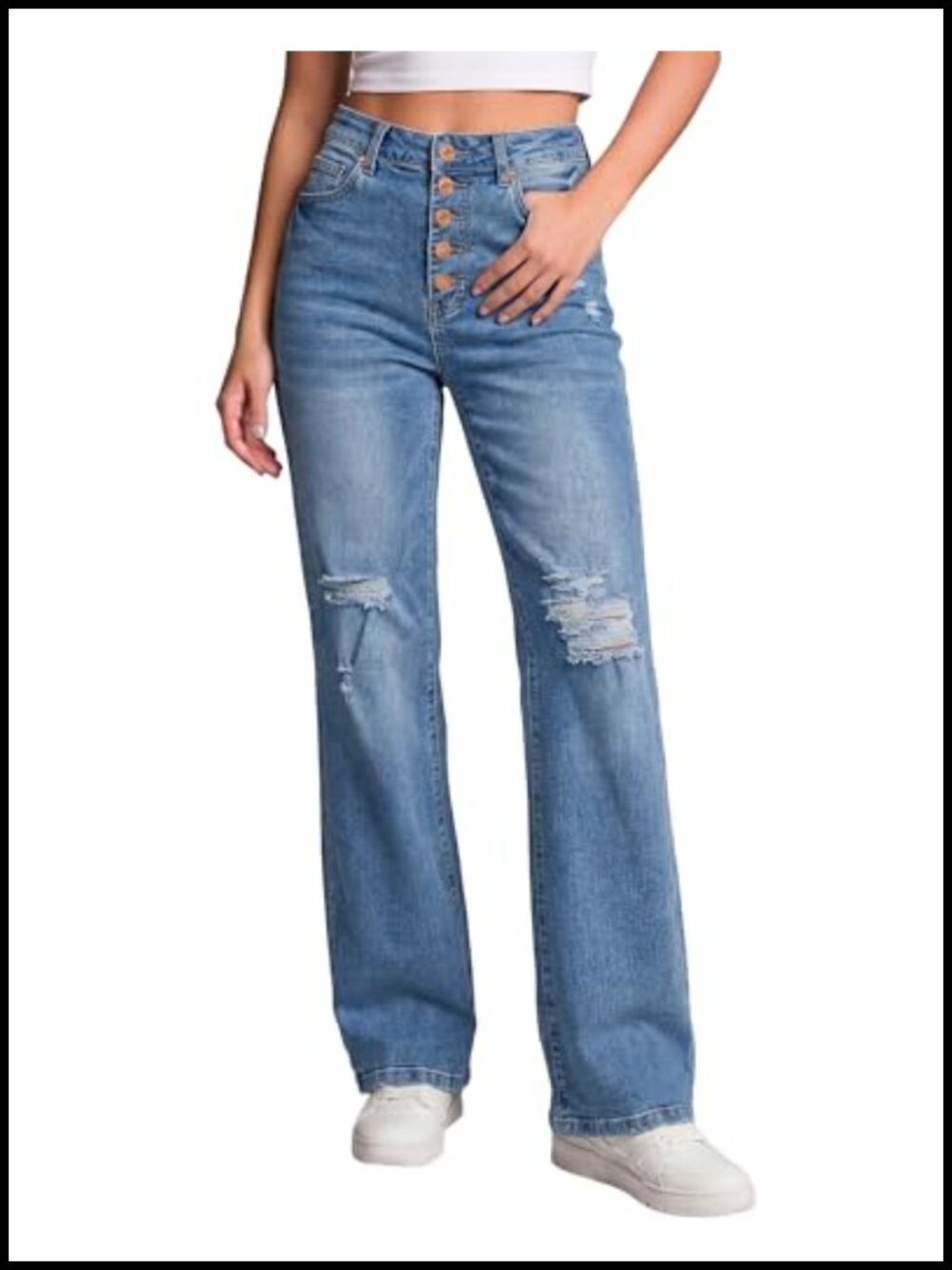 High Waisted Ripped Flare Bell Bottom Jeans Button Fly 5 Pockets